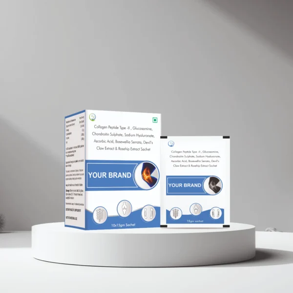 Collagen Peptide Type-II, Glucosamine, Chondroitin Sulphate, Sodium Hyaluronate, Ascorbic Acid, Boswellia Serrata, Devil's Claw Extract & Rosehip Extract Sachet